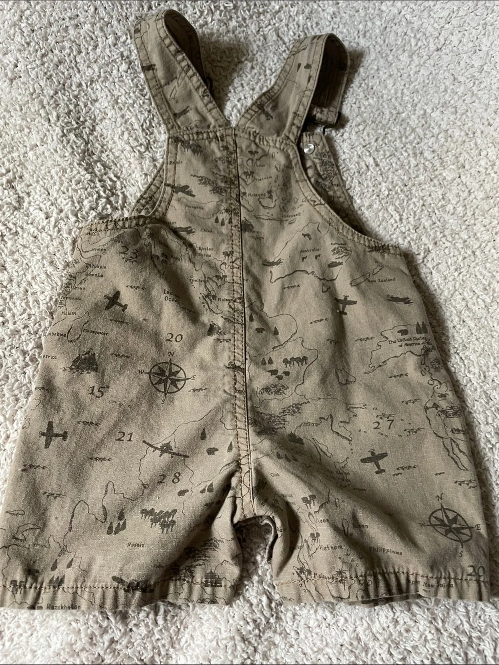 Carter's Little Explorers World Travelers Tan Map-Print Baby Shorts Overalls EUC